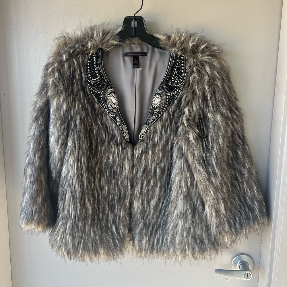 Andrea Behar Faux Fur Beaded Collar Jacket